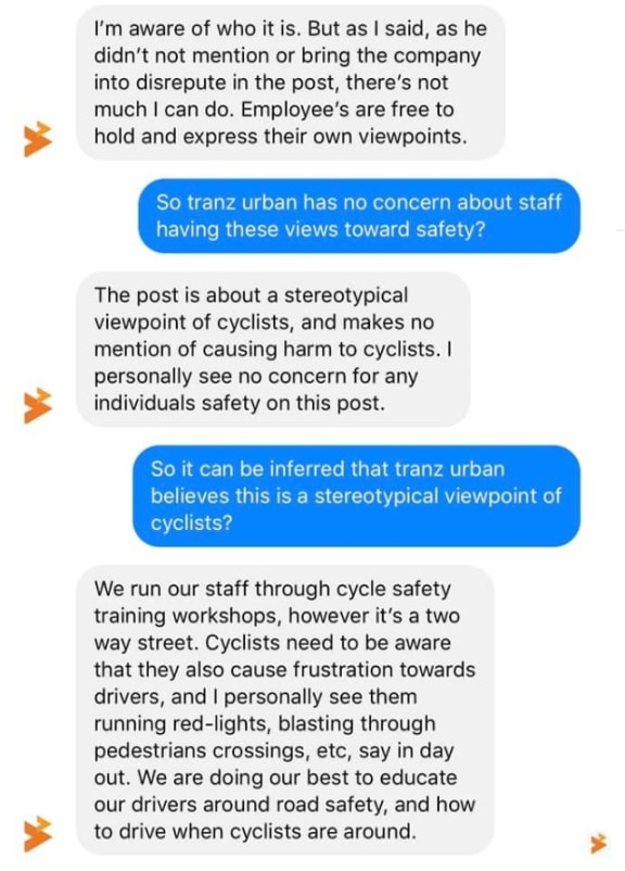 Complaint conversation over cyclist wanker Facebook page