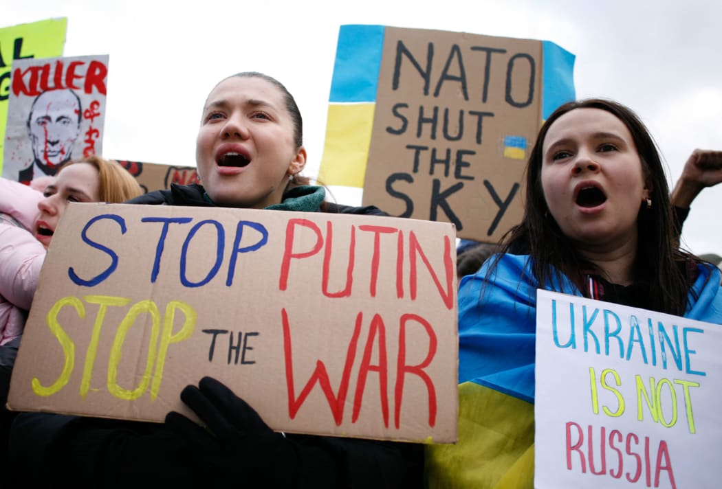 Pro-Ukraine activists protesting against the Russian invasion of the country demonstrate outside the Houses of Parliament in Parliament Square in London, England, on March 6, 2022.