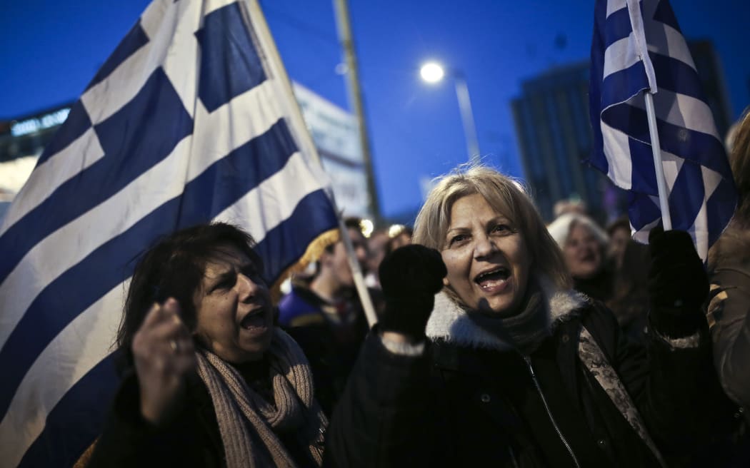 Thousands of anti-austerity demonstrators people rallied in front of the Greek Parliament in Athens on Monday ahead of bailout talks in Brussels.