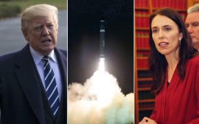 US President Donald Trump, a missile launch and Prime Minister Jacinda Ardern.