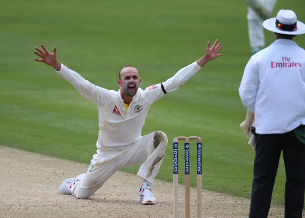 Bowler Nathan Lyon appeals for the lbw of Joe Root during the first Test Match between England and Australia in Cardiff.