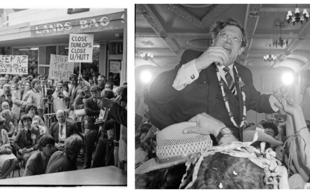 LEFT: Robert Muldoon speaking to an election campaign meeting in Upper Hutt, 1981; RIGHT: David Lange on election night 1984