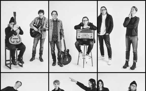 Collage photo of the band Wilco to promote their 2022 album Cruel Country