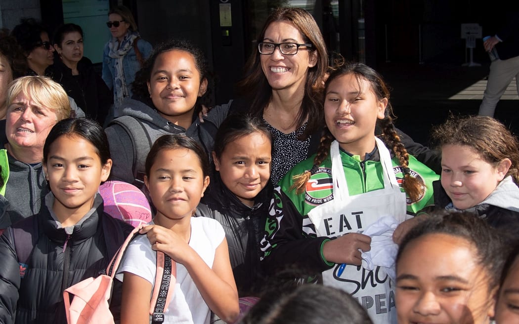 Silver Ferns coach Noeline Taurua with fans at the Parliamentary reception for the World Cup winning New Zealand netball team.