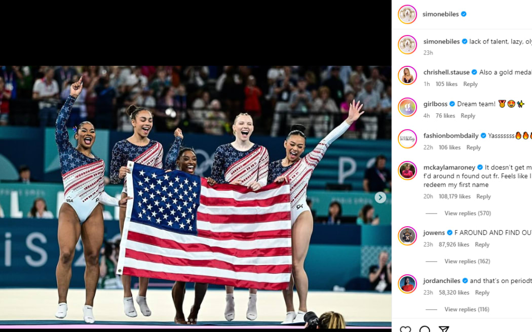 Simone Biles Instagram post when her team won gold at the Olympics.