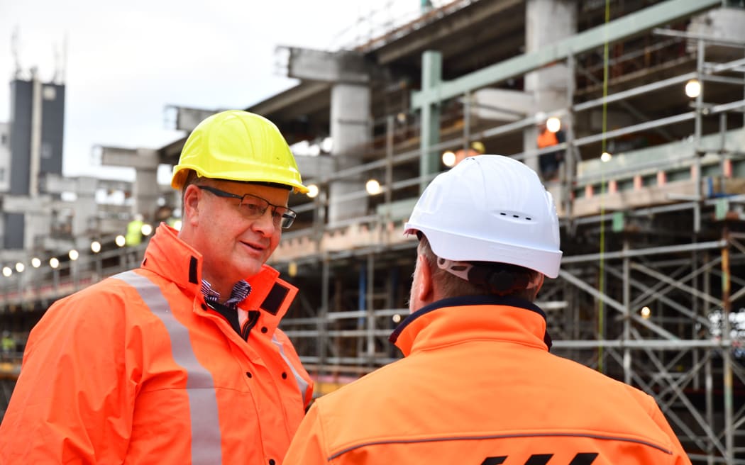 File photo. Discussing the Invercargill CBD rebuild during a media tour were HWR Group director Scott O’Donnell (left) and ABL director Bruce Middleton.
