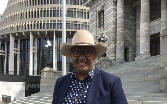 Rawiri Waititi arrives at Parliament.
