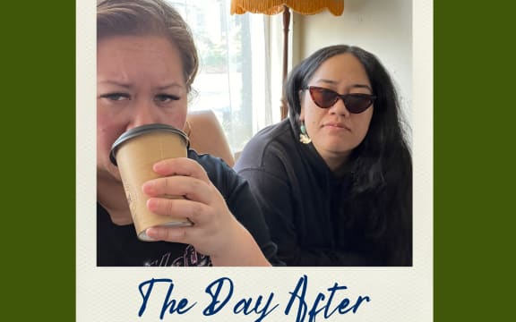 A close up of our hosts Jaimee and Maria. Jaimee is in the foreground drinking a takeout coffee. Maria is behind her wearing dark glasses. A 70s style lamp is visible behind them. The image is bordered by green 70s colouring and it has the caption: ''The Day After''