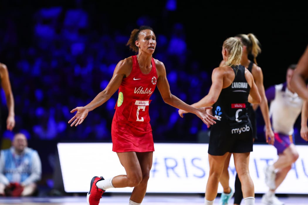 Serena Guthrie during the Netball World Cup 2019 semi final loss to the Silver Ferns.