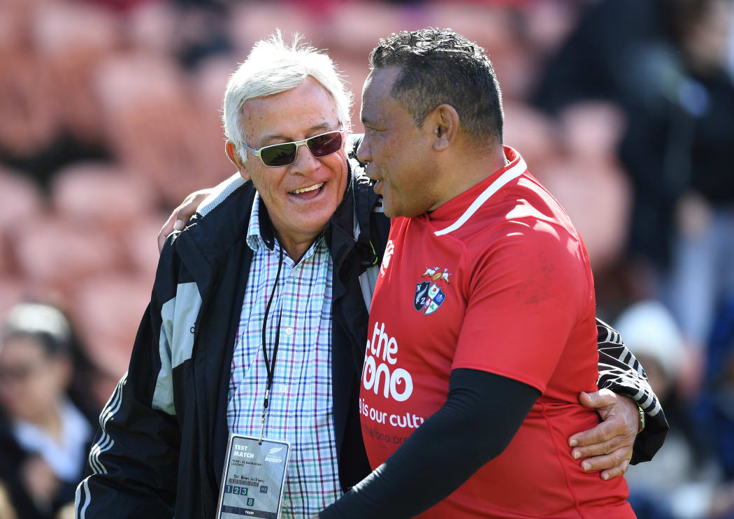 Former All Blacks Sir Bryan Williams and Ofisa Tonu'u catch up after the New Zealand Barbarians Legends v Pacific Legends game in 2019.