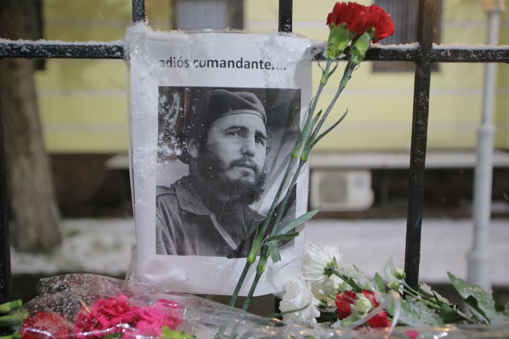 Flowers have been left outside the Cuban Embassy in Moscow after the death of Fidel Castro.