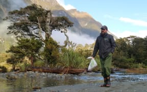 Bruce Fraser collecting rubbish around Milford Sound