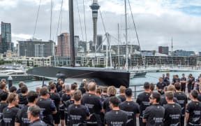 Emirates Team New Zealand unveil their new test boat Te Kāhu, meaning the Hawk.