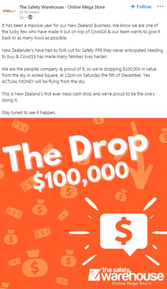 Some of the event advertising for the cash drop, promoted by the Safety Warehouse.