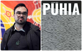 Jordan Tricklebank next to the cover of issue one of "Puhia" magazine.
