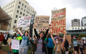 Crowds for the School Strike 4 Climate march in Wellington begin to grow in Civic Square.