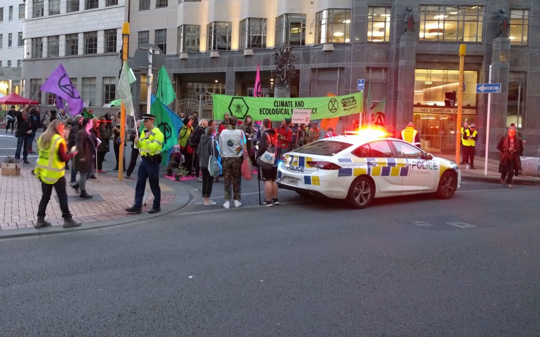 Protesters set up at Stout St on the corner with Lambton Quay.