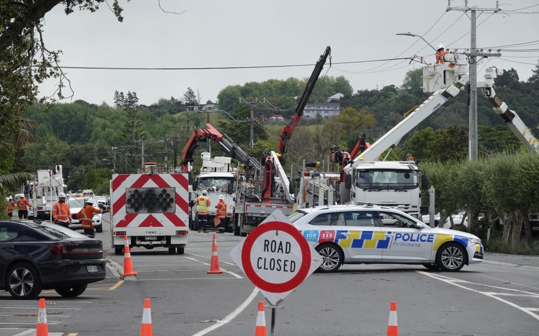Moir Road still closed to traffic as Northpower crews work to restore the power network.