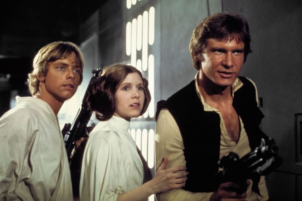 From left, Mark Hamill, Carrie Fisher, Harrison Ford in Star Wars Episode IV: A New Hope.