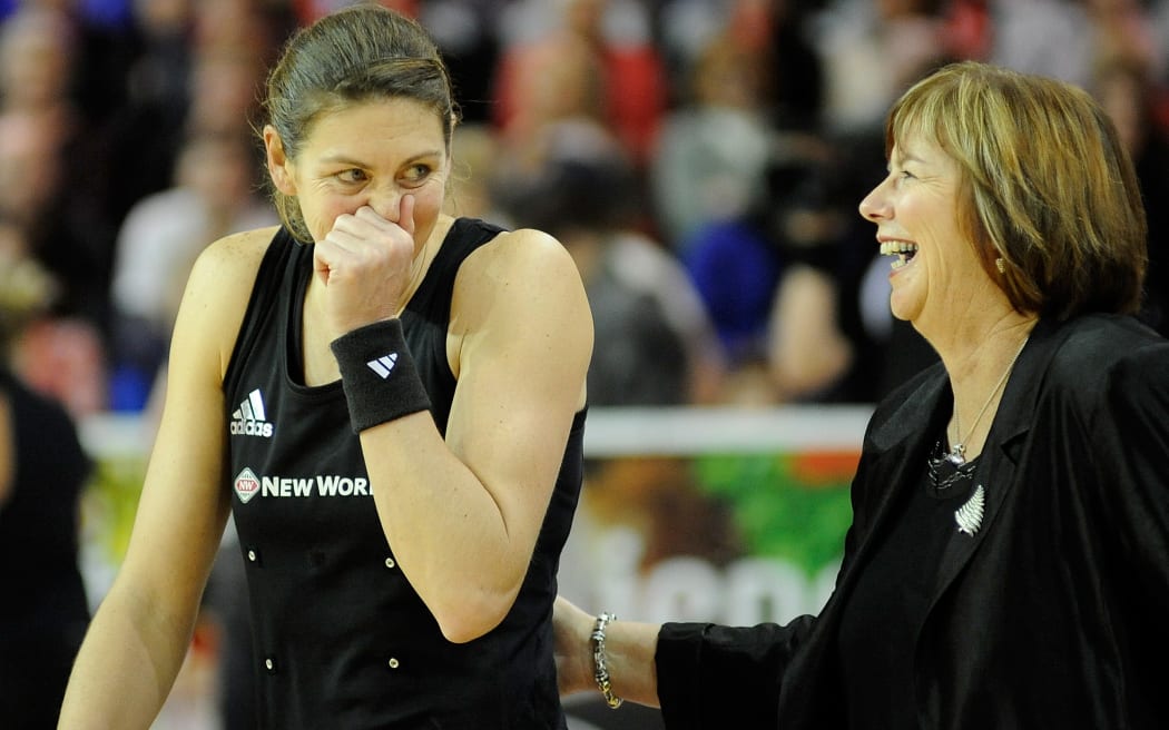 Irene Van Dyk & Ruth Aitken after the match, during New World Netball Series, New Zealand Silver Ferns v England at The ILT Velodrome, Invercargill, New Zealand. Thursday 6 October 2011 . Photo: Richard Hood photosport.co.nz