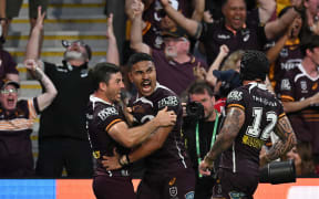 Deine Mariner of the Broncos (centre) reacts after scoring the winning try during the NRL Preliminary Finals match between the Brisbane Broncos and the Penrith Panthers at Suncorp Stadium in Brisbane, Sunday, September 28, 2025. (AAP Image/Dave Hunt/Photosport)