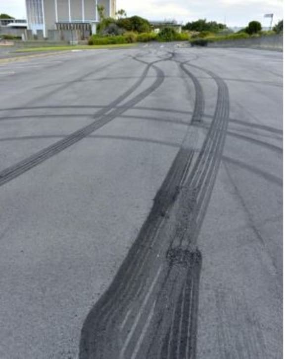 Tyre marks left from burnouts at Andersons Bay Cemetery.