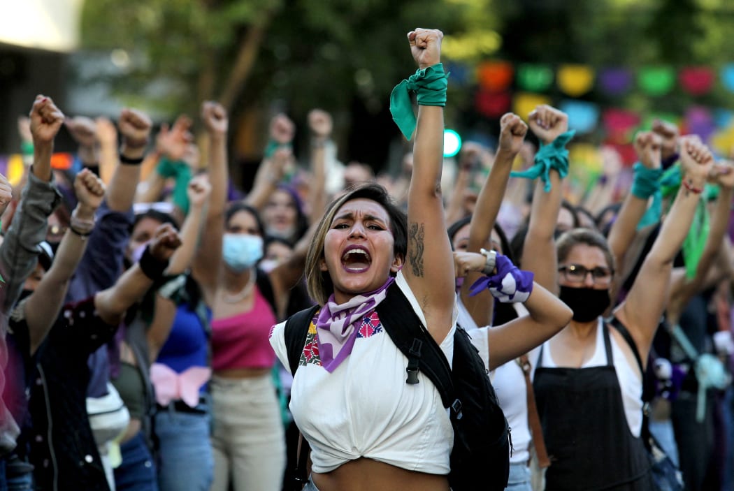 Women take part in a demonstration to mark the International Women's Day in Guadalajara, Mexico, on March 8, 2022.