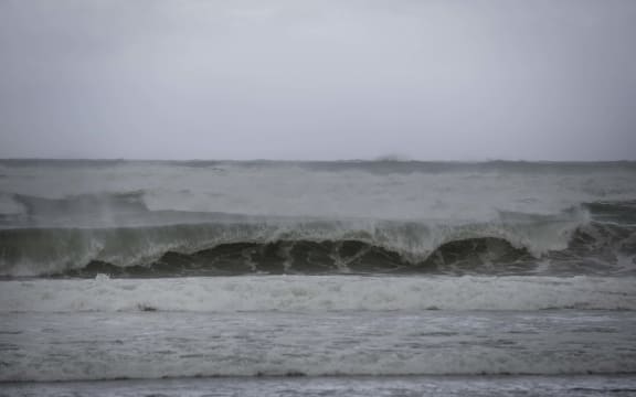 West Coast storm. The Tasman Sea looking wild as the storm sets in. Authorities are keeping an eye on the midday king tide.
