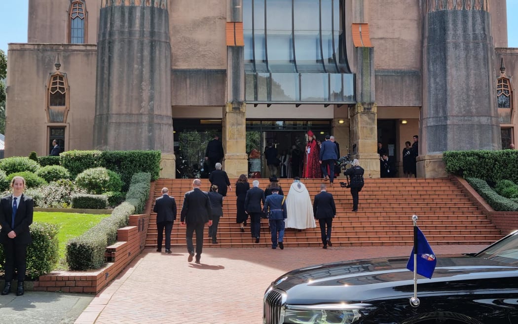 Prime Minister Jacinda Ardern and Governor-General Dame Cindy Kiro arrive at the state memorial service for the Queen.