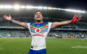 Issac Luke celebrates a Warriors win.