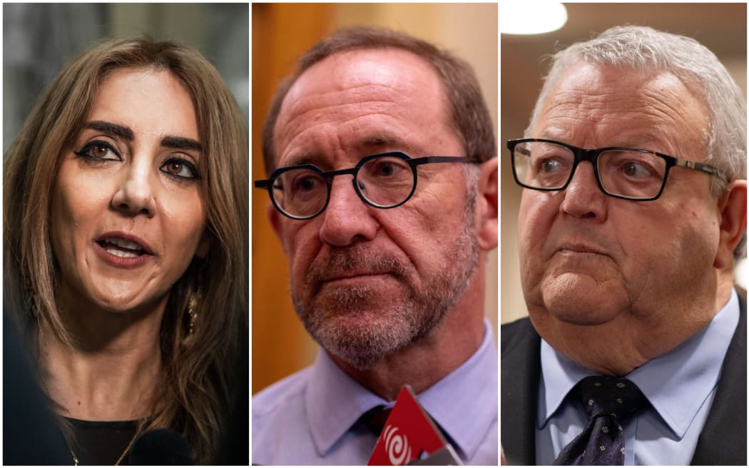 Green MP Golriz Ghahraman (left) and National MP Gerry Brownlee (right) both opposed the mass arrivals bill by Immigration Minister Andrew Little (middle) that will increase the time period seven-fold from four to 28 days.