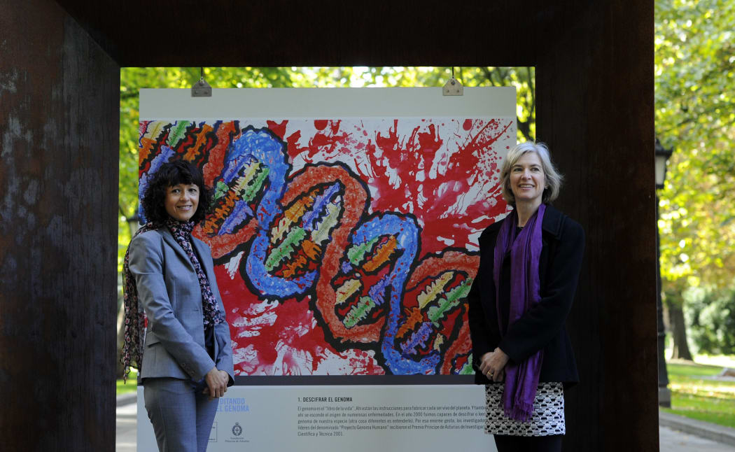 French researcher in Microbiology, Genetics and Biochemistry Emmanuelle Charpentier (L) and US  professor of Chemistry and of Molecular and Cell Biology, Jennifer Doudna posse beside a painting  made by children of the genoma at the San Francisco park in Oviedo, on October 21, 2015.