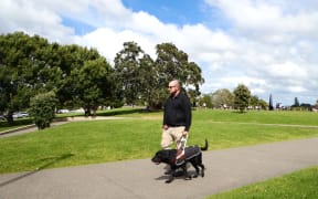 Dan Shepherd and his Guide Dog Ezra take a walk outdoors, in a park with trees in the background.