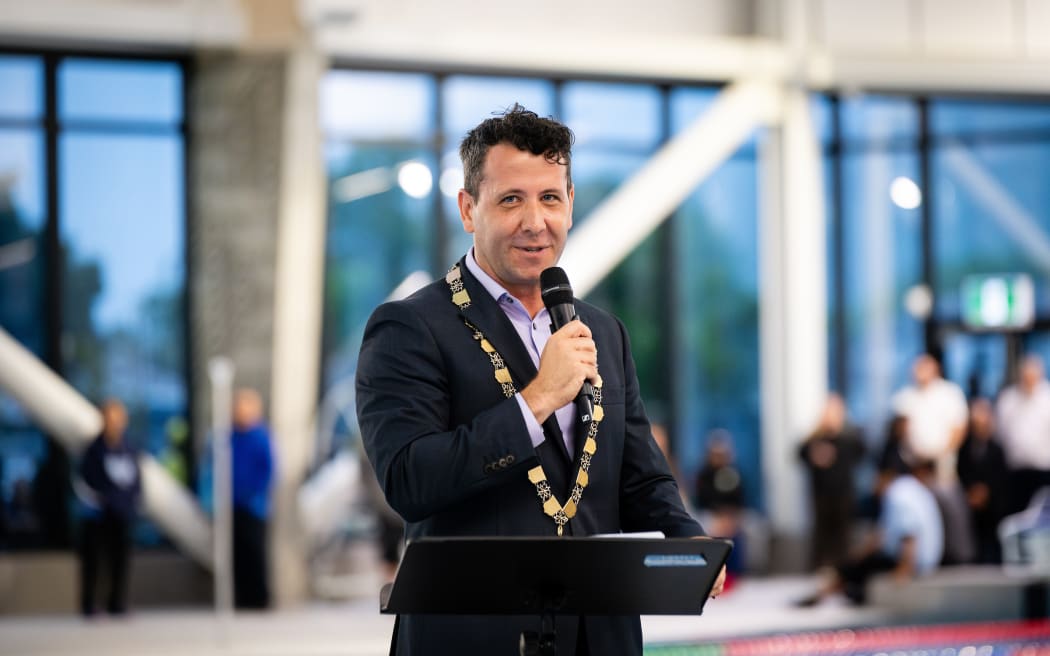 Lower Hutt Mayor Campbell Barry speaking at the opening of Te Ngaengae Pool + Fitness. Barry became a councillor at 19, and New Zealand's then-youngest mayor at 28. Now, at 34, he's leaving politics for something different.
