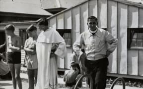Rector Fred Durning, right, next to Father Michael Shirres, who  was recently exposed as a pedophile, with St Patrick’s College (Upper Hutt) students at a sports event in 1955.