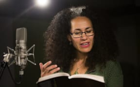 Selina Tusitala Marsh reading one of her poems in the RNZ Auckland studio.