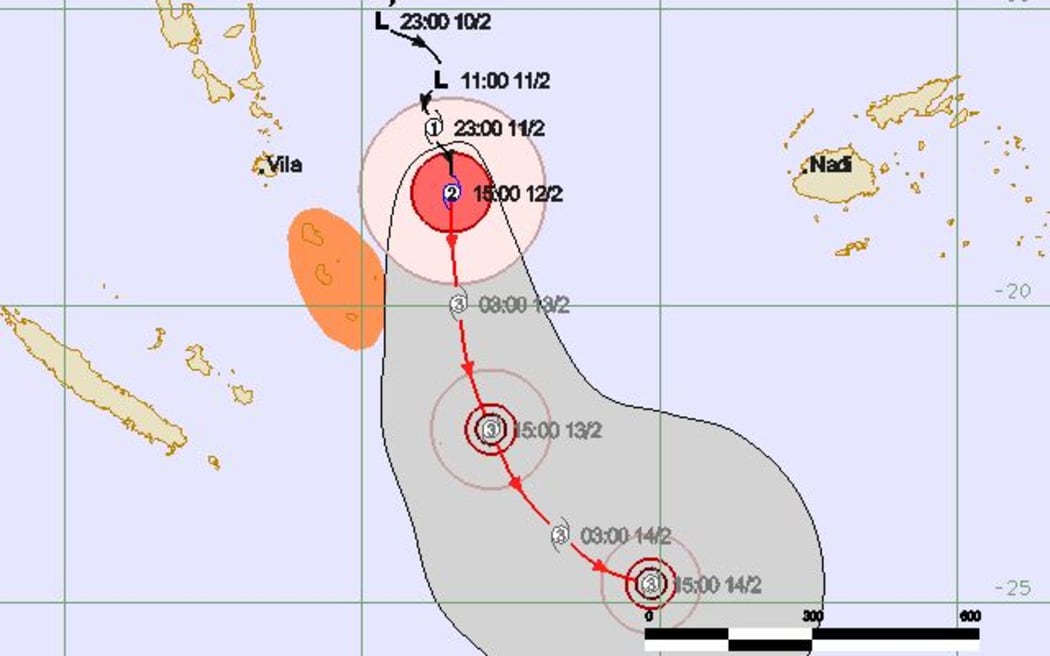 A map predicting the path of cyclone Victor near Vanuatu. The province of Tafea is highlighted orange, at the edge of Winston's path.