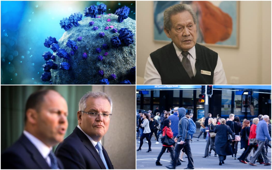 Top left to bottom right: Covid-19, Dr Joe Williams, Australian Prime Minister Scott Morrison and the Auckland public on Queen St.