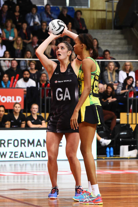 Te Paea Selby-Rickit shooting in first test against Jamaica in Taini Jamison Trophy series