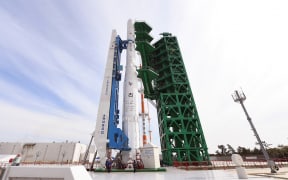 South Korea's first homegrown space rocket "Nuri" on the launch pad at the Naro Space Centre in Goheung in South Jeolla Province, 473 kms south of Seoul, a day before its expected launch.