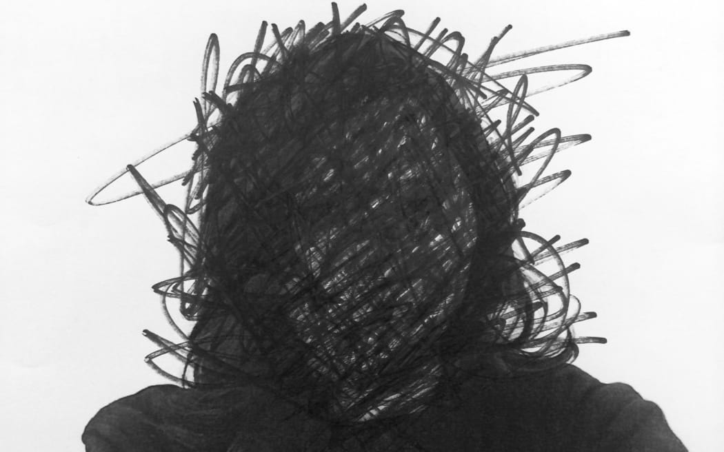 Illustration of face obscured by drawing.