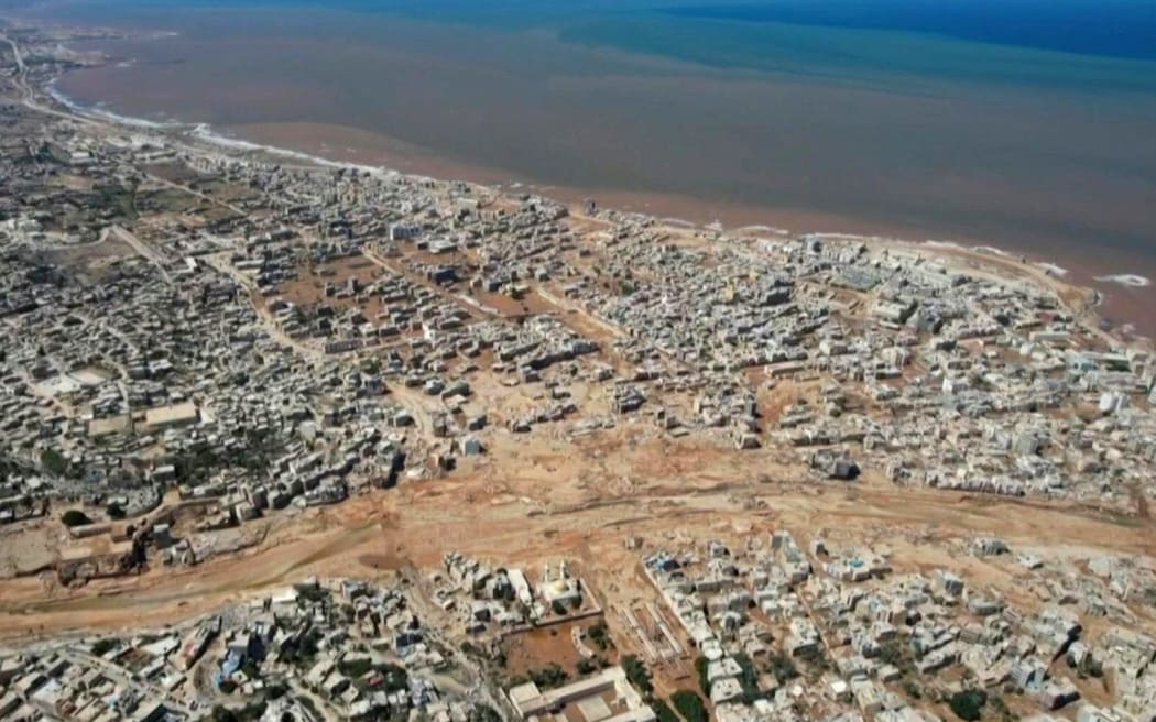 Aerial footage of Derna taken on 14 September shows the inundation from flash flooding when two dams burst.