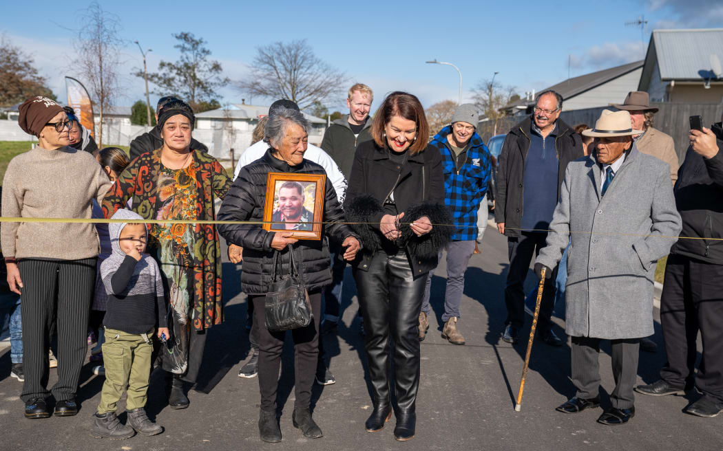 Hastings Mayor Sandra Hazlehurst cutting the ribbon to celebrate the completion of groundworks for a new housing development on council land in Flaxmere, in July this year. Around 45 new affordable homes will be built by developers.