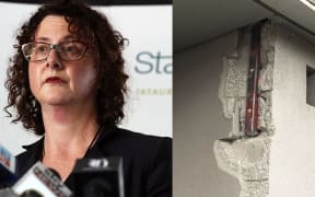 Government Statistician Liz MacPherson and some of the damage suffered at Stats House.