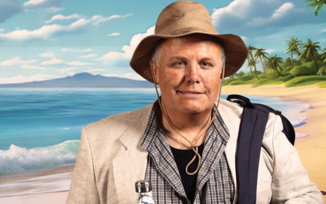 Publicity image of Gavin Rutherford as Dickie Hart, with Rangitoto behind.