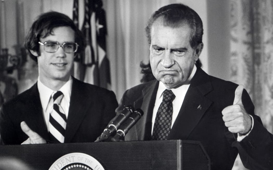 37th President of the United States Richard Nixon bids farewell to the White House staff on 9 August 1974.