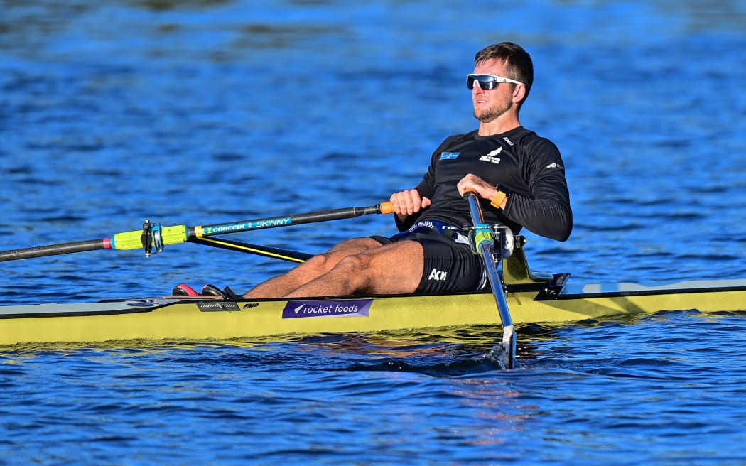 Matt Dunham, training with the NZ Elite Rowing Team training on Lake Karapiro, Cambridge, New Zealand.  22 March 2021.  Copyright photo © Steve McArthur / www.photosport.nz