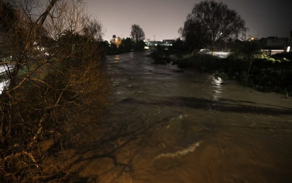A view from the footbridge next to Nelson's Riverside Pools shows the Maitai River in flood on the morning of 18 August, 2022.