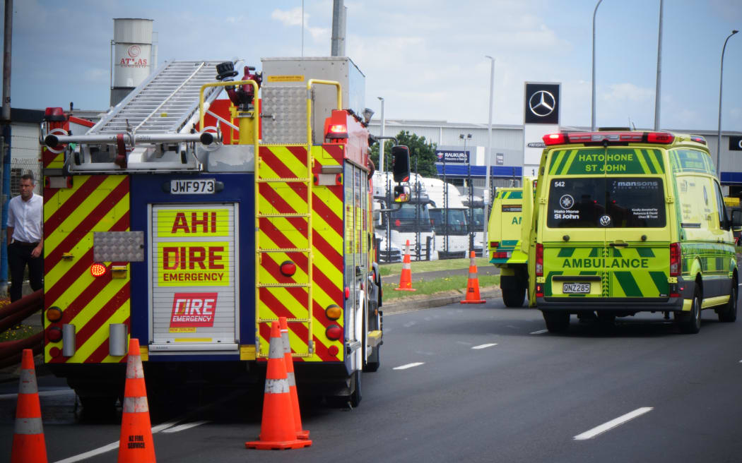 Fire trucks at the site of a blaze in Wiri that closed a main road in the Auckland suburb.