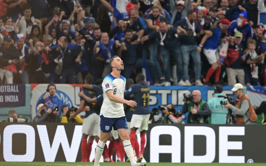 Jordan Henderson of England reacts after his teammate Harry Kane misses a chance to score a penalty kick during the FIFA World Cup Qatar 2022 Quarter-Final match between England and France.
